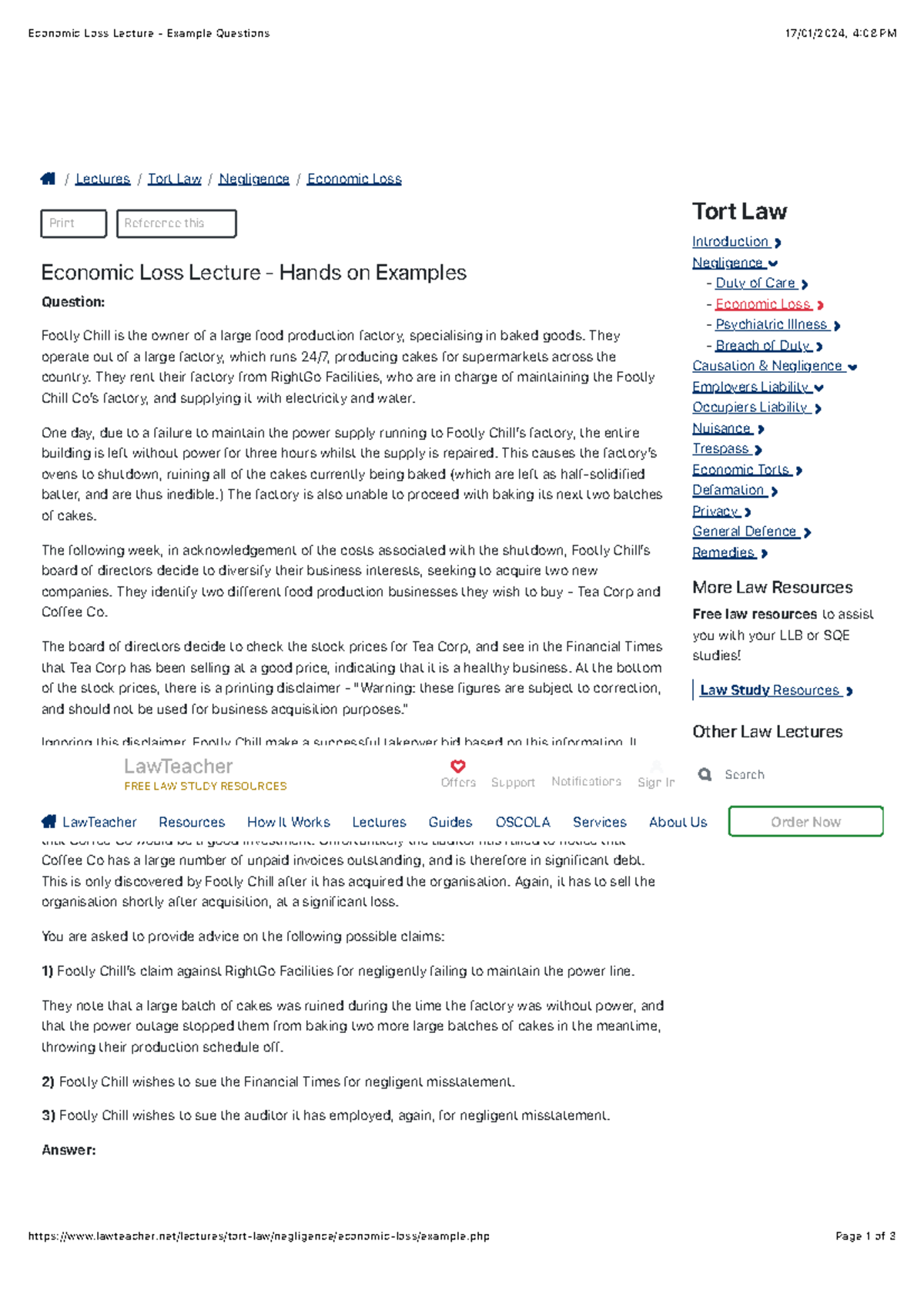 Economic Loss Lecture - Case Studies and Example Questions - Studocu