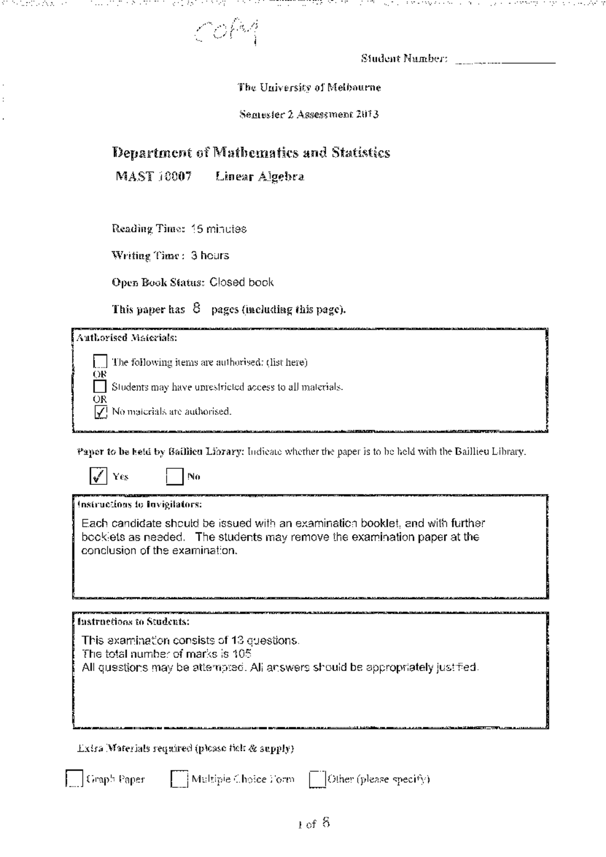 Linear Algebra Exam MAST 2013 Semester 2 - Assessment Paper - Studocu