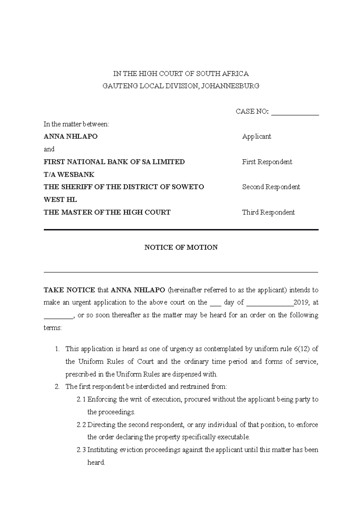Notice of Motion Application - Anna Nhlapo vs. FNB (Case No ...
