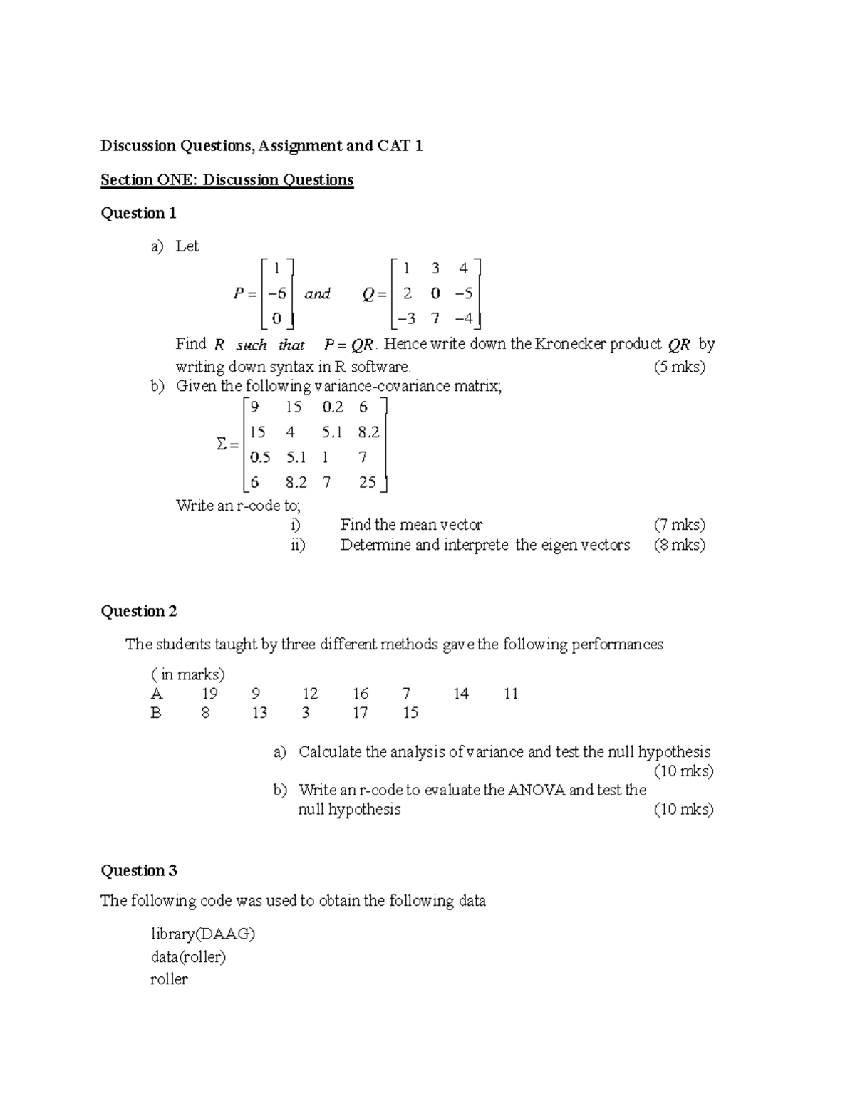Discussion Questions & CAT 1 Assignment for Statistics (C code: CAT1 ...
