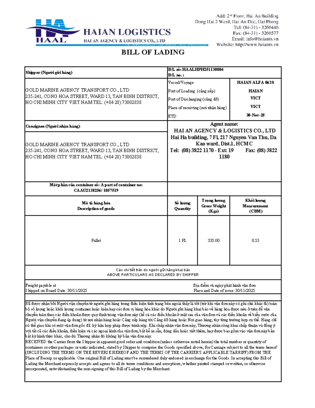 Bill of Lading (BL) for LCL Shipment - GMA - Studocu