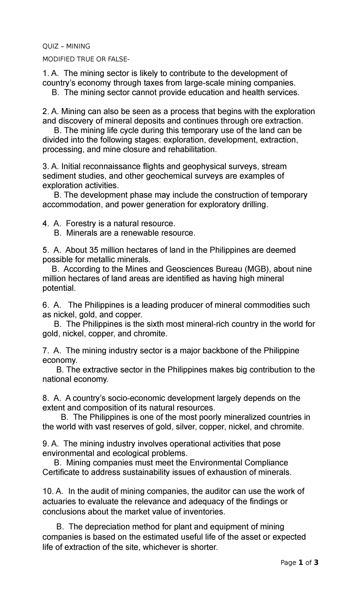 QUIZ on Mining Auditing: True/False & Multiple Choice Questions - Studocu