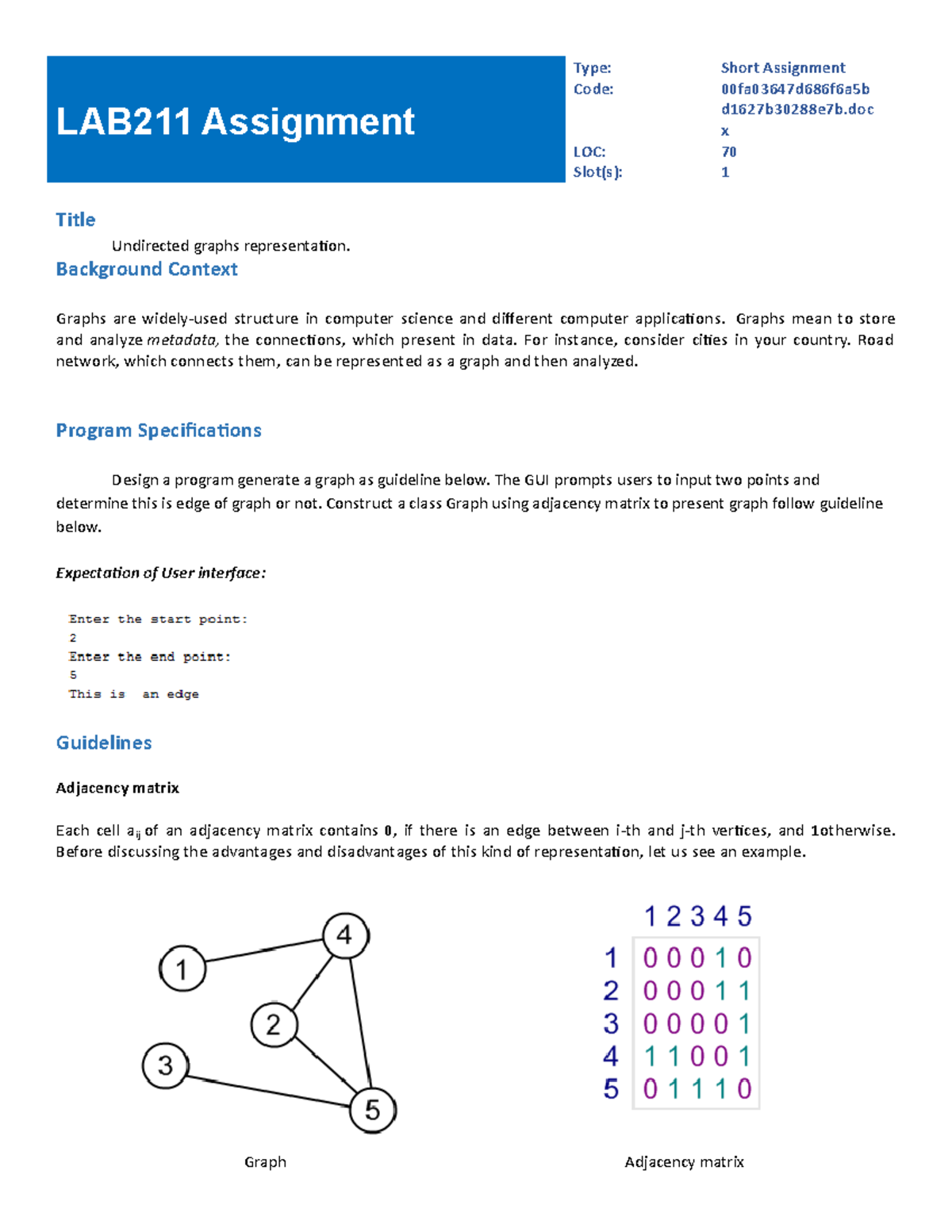 LAB211 Short Assignment: Representing Undirected Graphs Using Adjacency ...