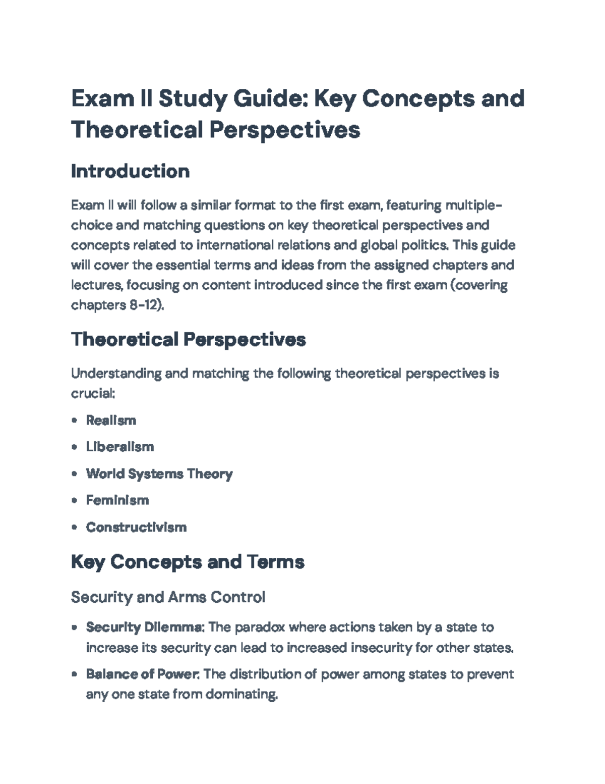 Exam II Study Guide: Key Theoretical Perspectives in Global Politics ...