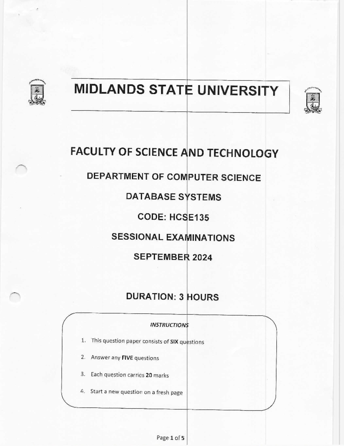 HCSE135 DATABASE SYSTEMS SESSIONAL EXAMINATION SEPT 2024 - Studocu