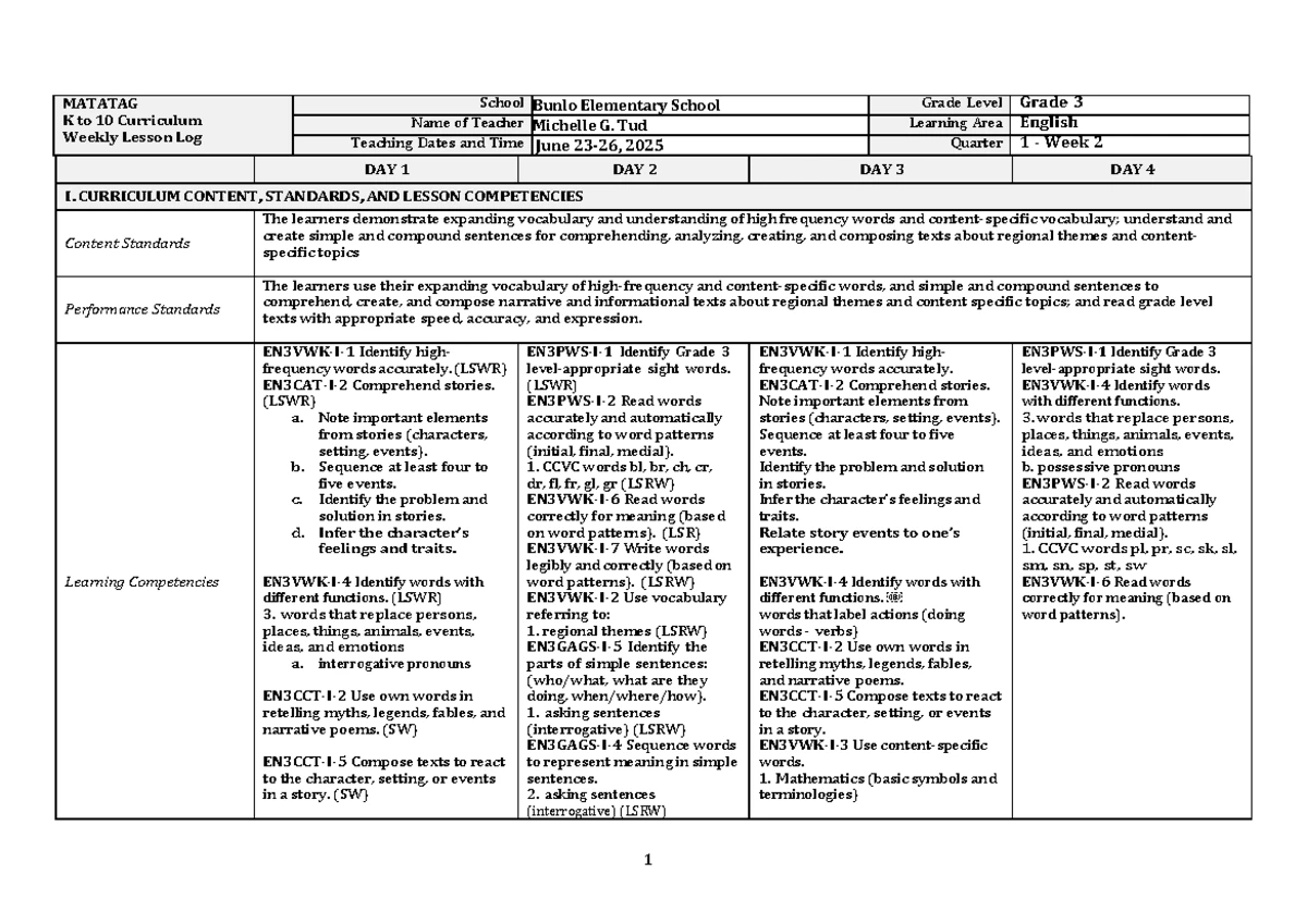 Matatag DLL Week 2: MAPEH Grade 4 Lesson Log - Studocu