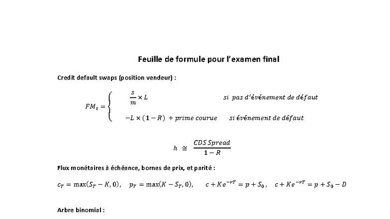 Feuille de Formules Finales pour CDS (Position Vendeur) - Studocu