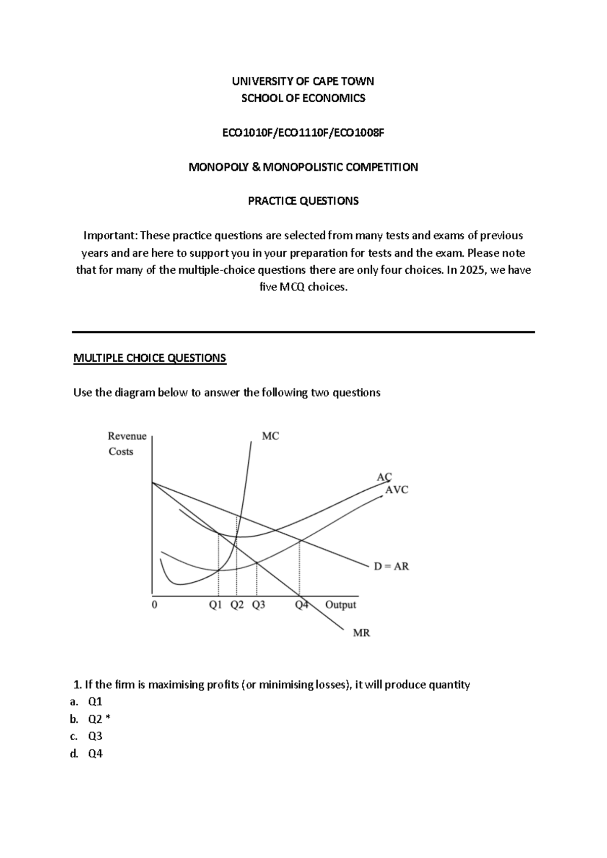 ECO1010F Monopoly & Monopolistic Competition Practice Questions - Studocu