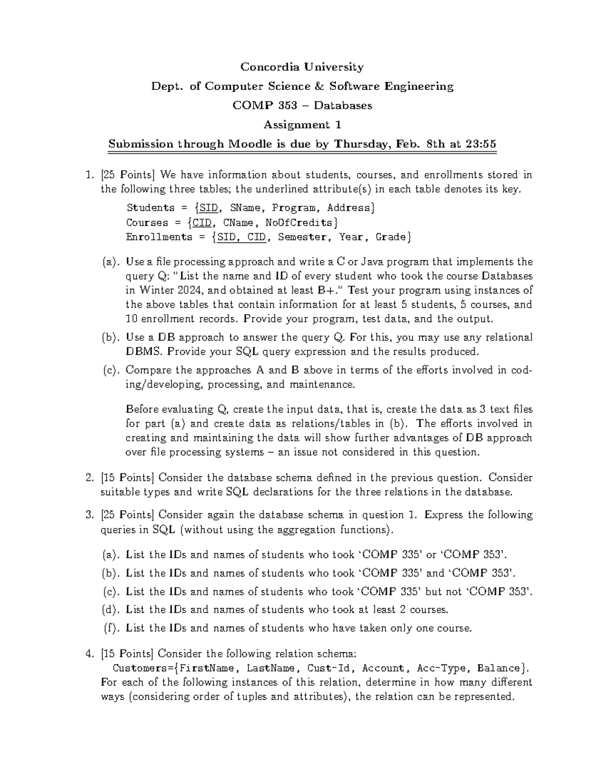 COMP 353 - Assignment 1: Database Approaches and SQL Queries - Studocu