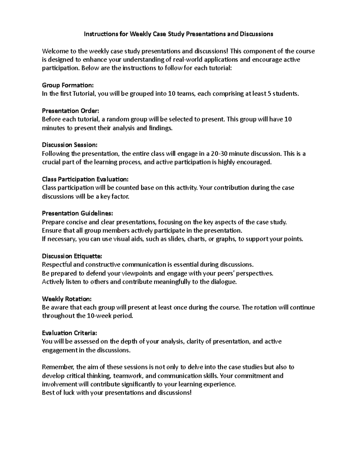 Instructions for Weekly Case Study Presentations and Discussions ...