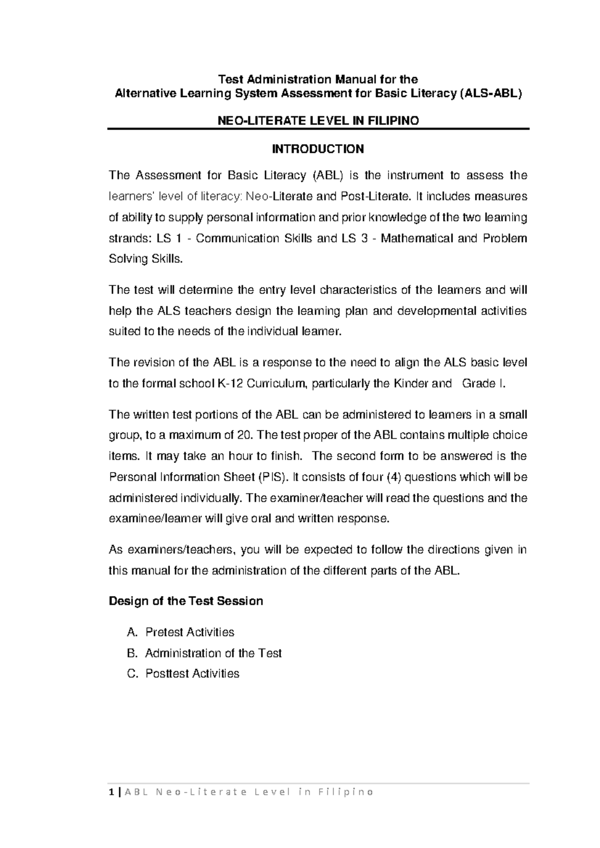 TAM for ABL: Test Admin Manual for Neo Literate in Filipino - Studocu
