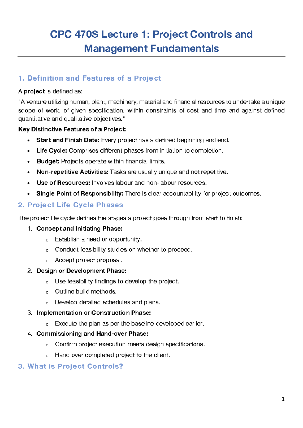 CPC 470S Lecture 1: Project Controls & Management Fundamentals - Studocu