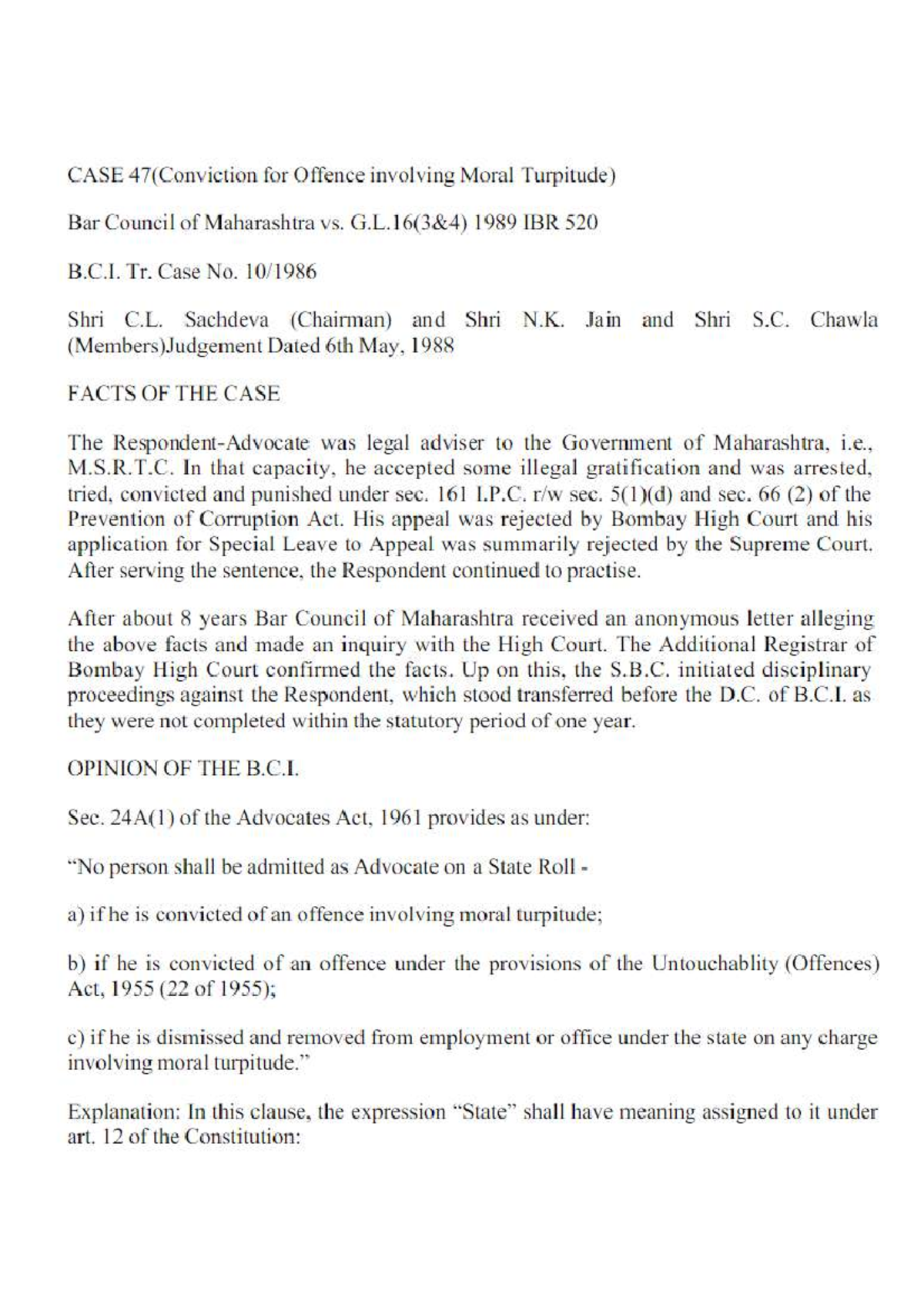 BCI Tr. Case No. 10 of 1986 - CASE 47(Conviction for Offence involving ...