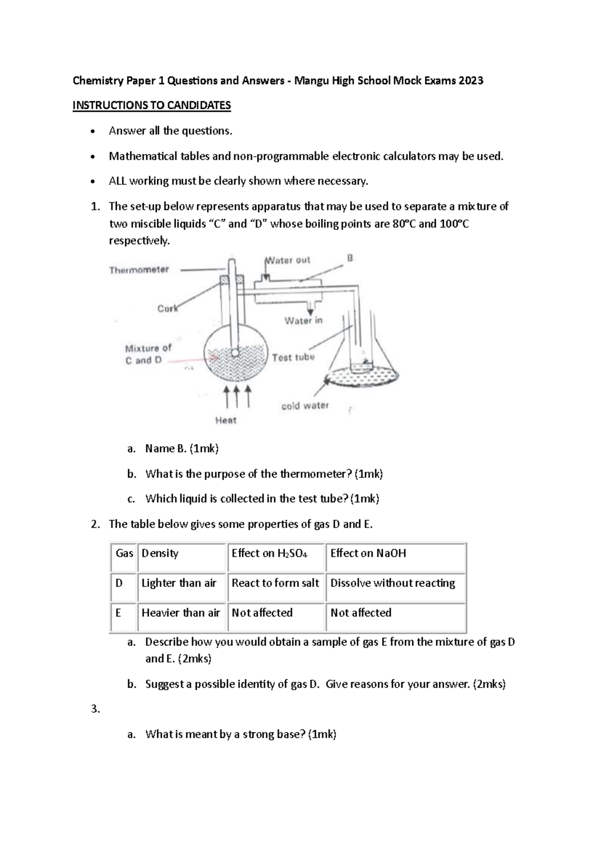 Chemistry Paper 1 Mock Exam Q&A - Mangu High School 2023 - Studocu