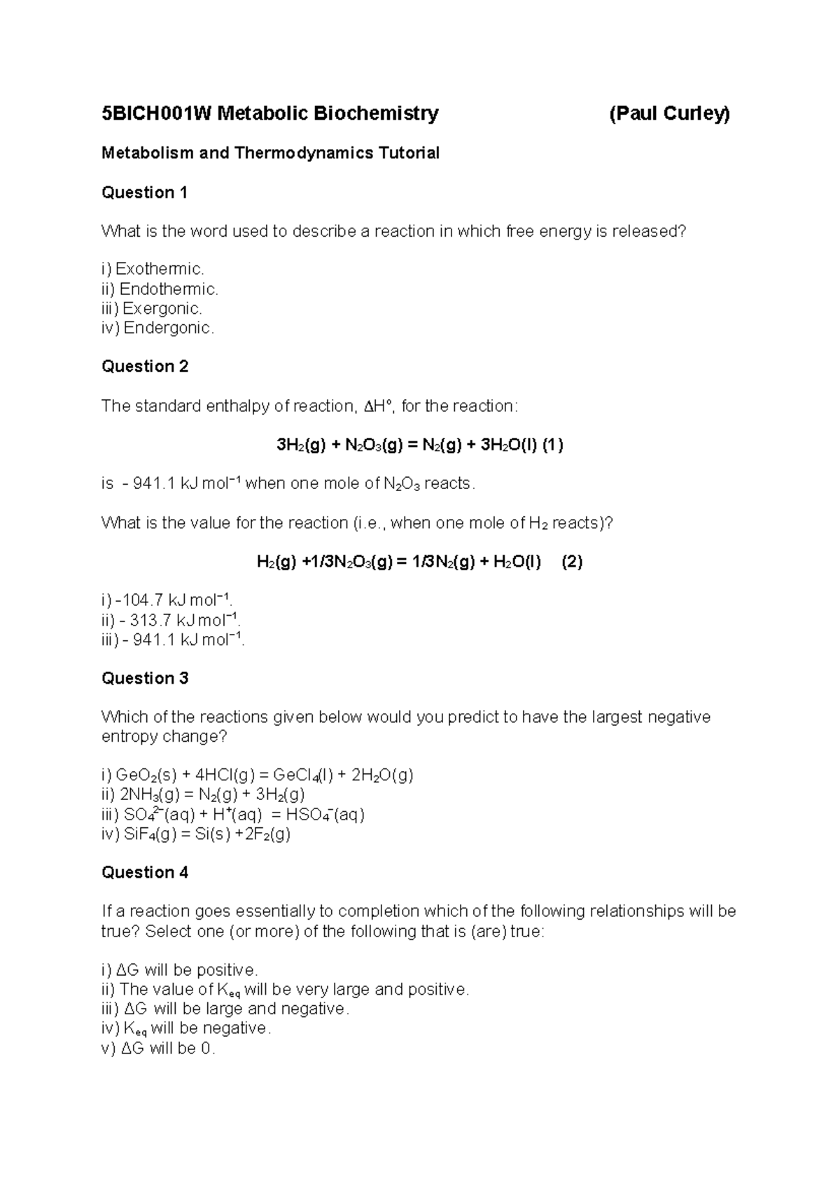 5BICH001W Metabolic Biochemistry Thermodynamics Tutorial Notes 2023 ...