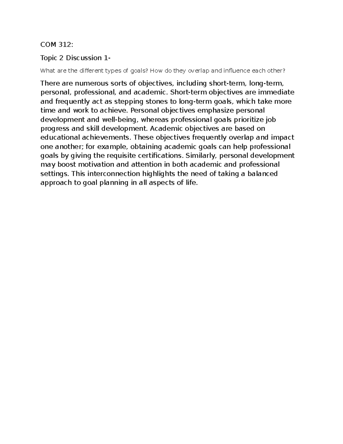 COM 312 Topic 1: Understanding Different Types of Goals and Their ...