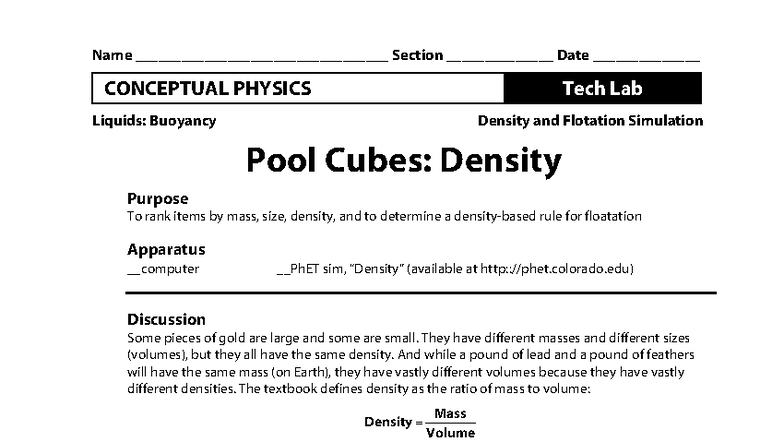 Conceptual Physics Tech Lab: Buoyancy & Density Simulation - Studocu