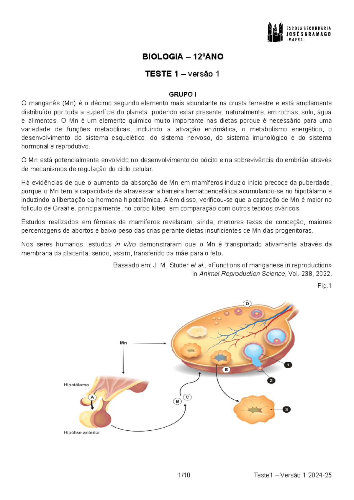 Teste 1 Biol 12 v1 cc 2024-25 - BIOLOGIA – 12ºANO TESTE 1 – versão 1 ...