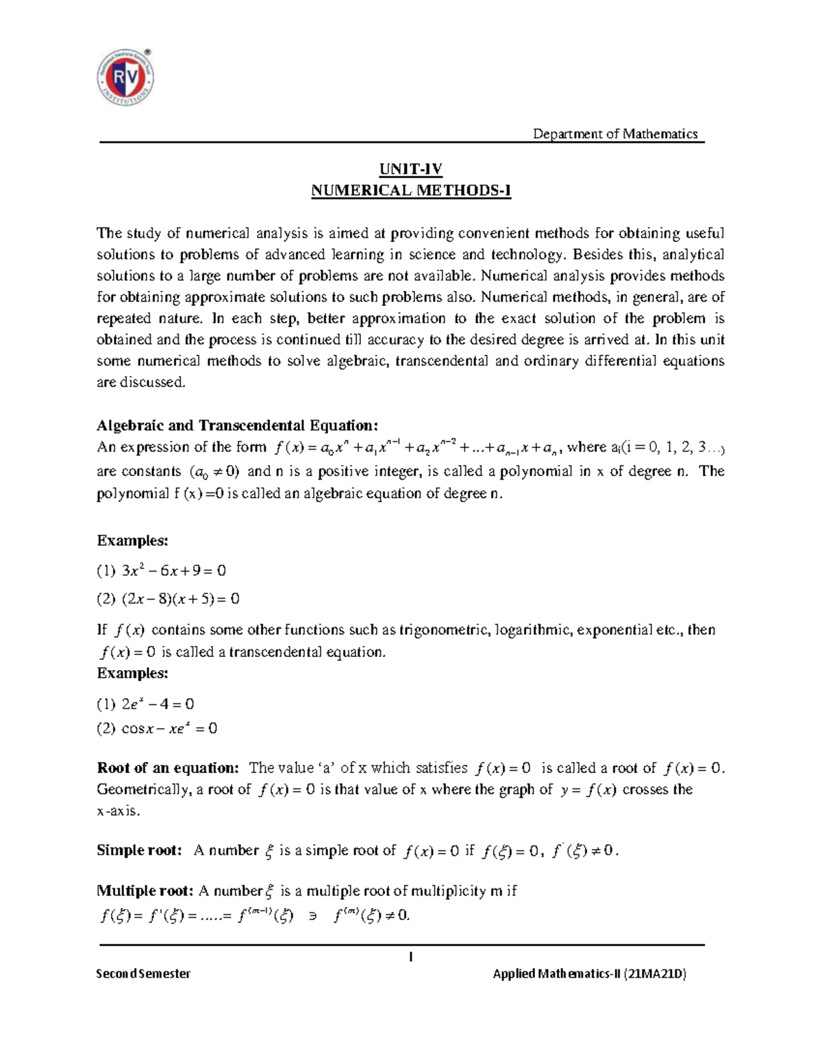 Numerical Methods-I: Advanced Techniques in Numerical Analysis (21MA21D ...