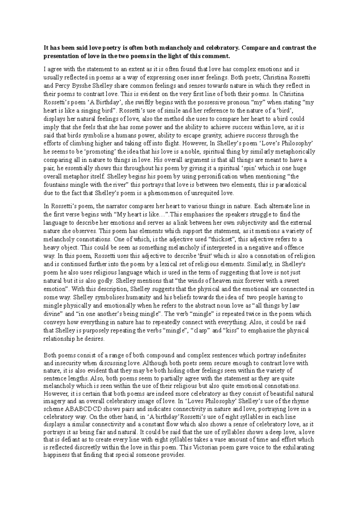 A Level English Literature Example Essay: Love Poetry Analysis - Studocu