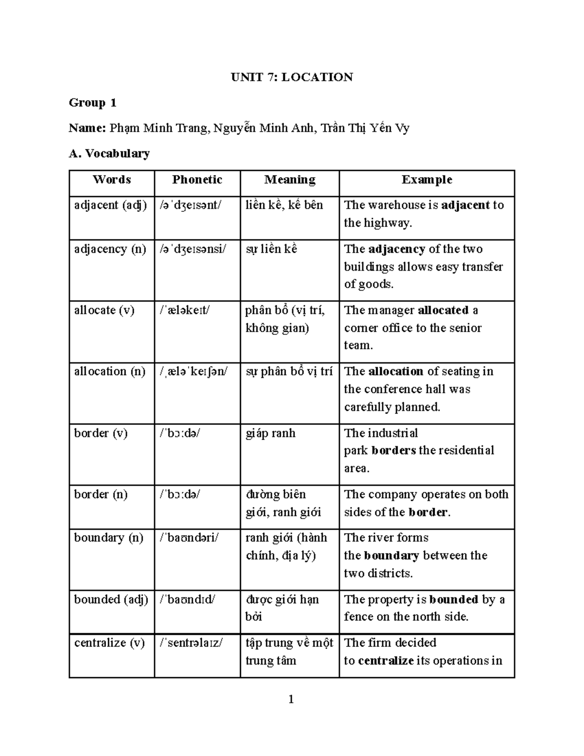 UNIT 7: LOCATION - Vocabulary and Exercises - Studocu