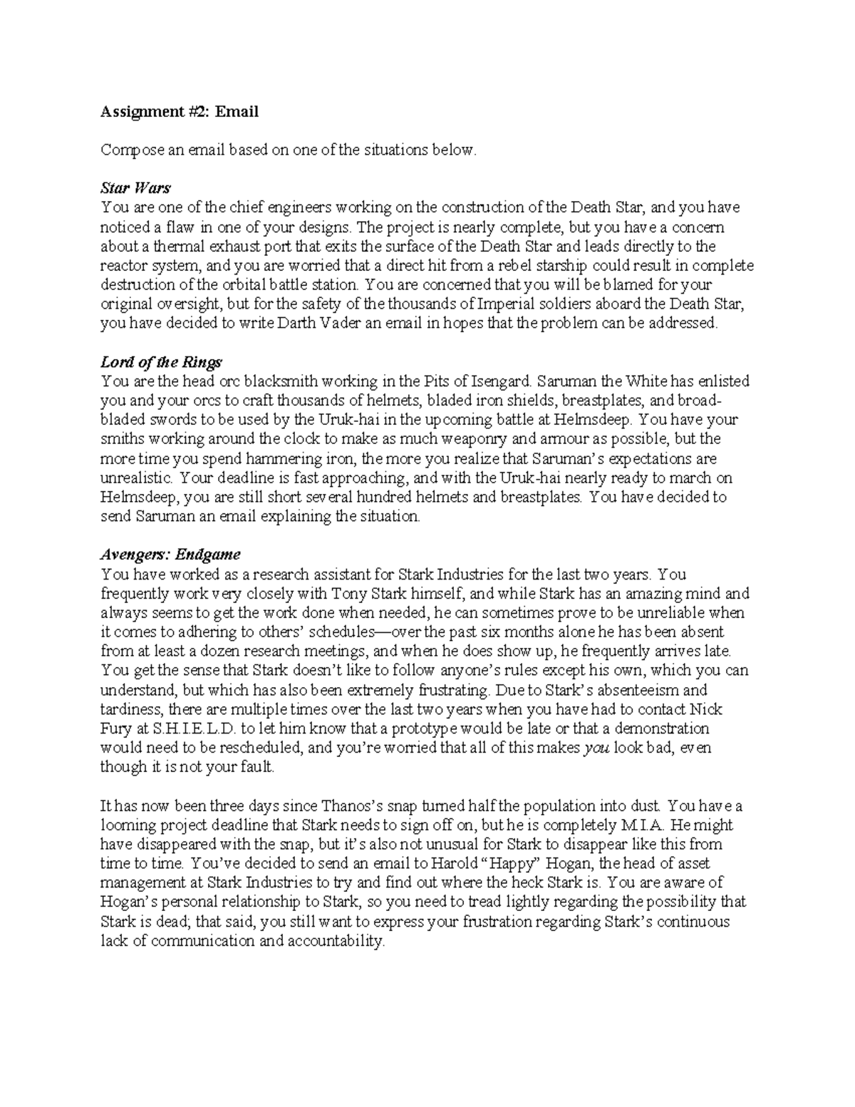 CMNS 1118 - Assignment 2 - Email Scenarios (Spring 2020) - Studocu