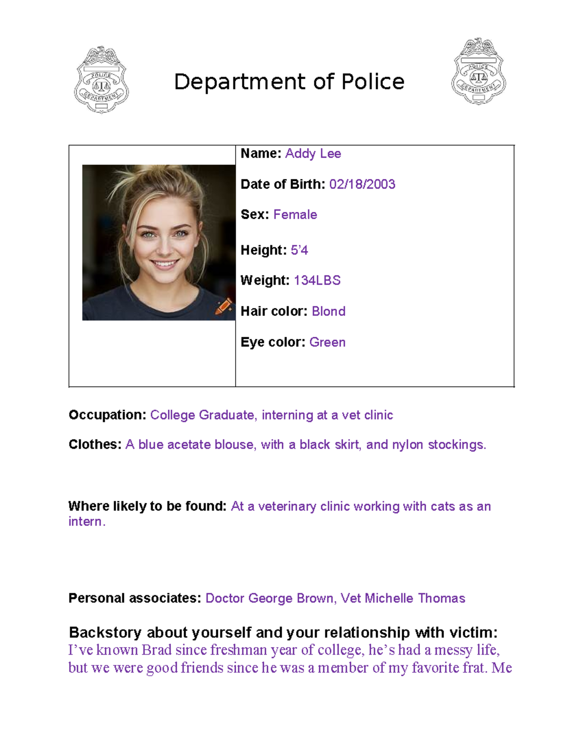 Rap Sheet Template for Addy Lee - Police Department Document - Studocu