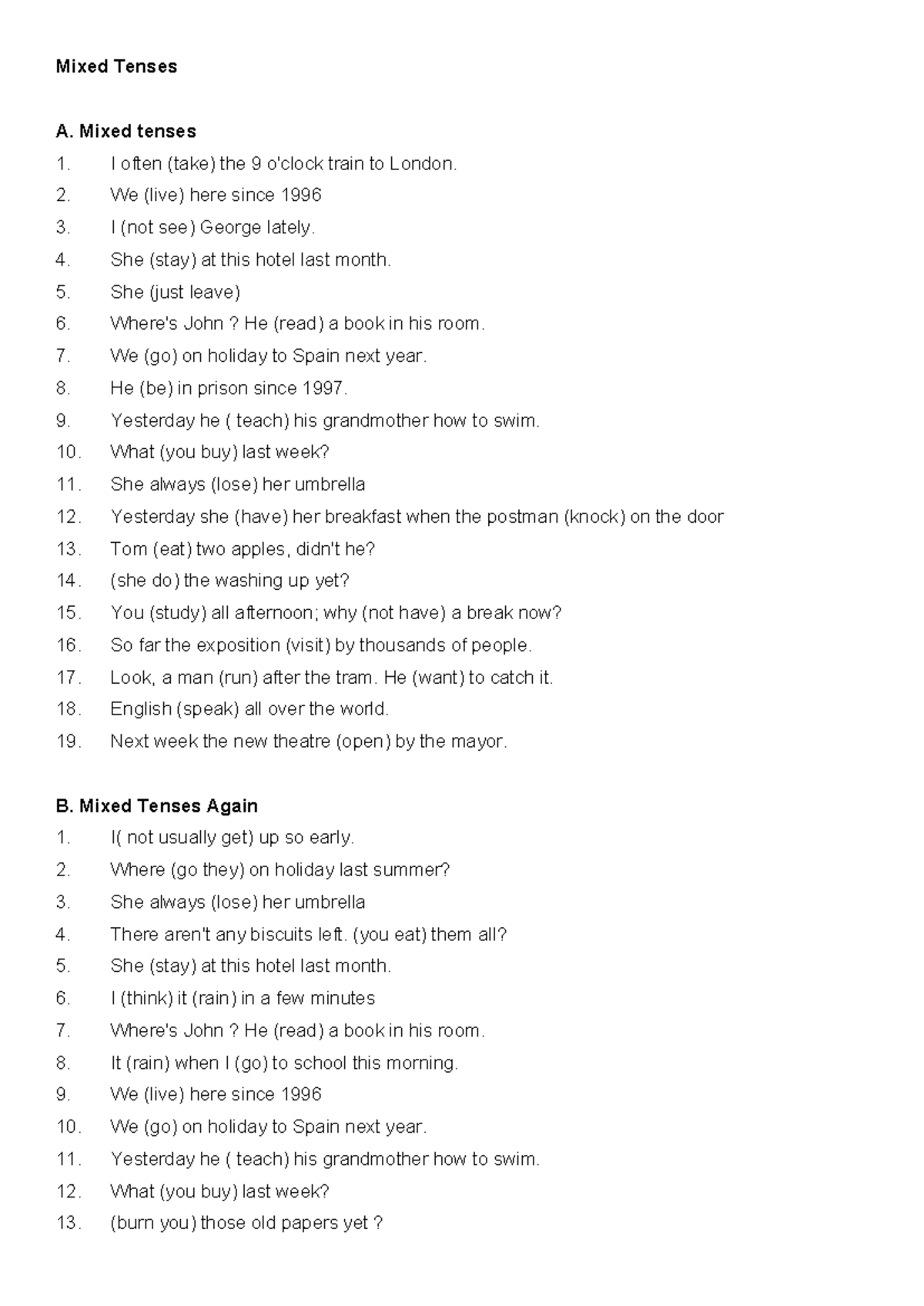 Mixed Tenses Practice - Comprehensive Exercises - Studeersnel