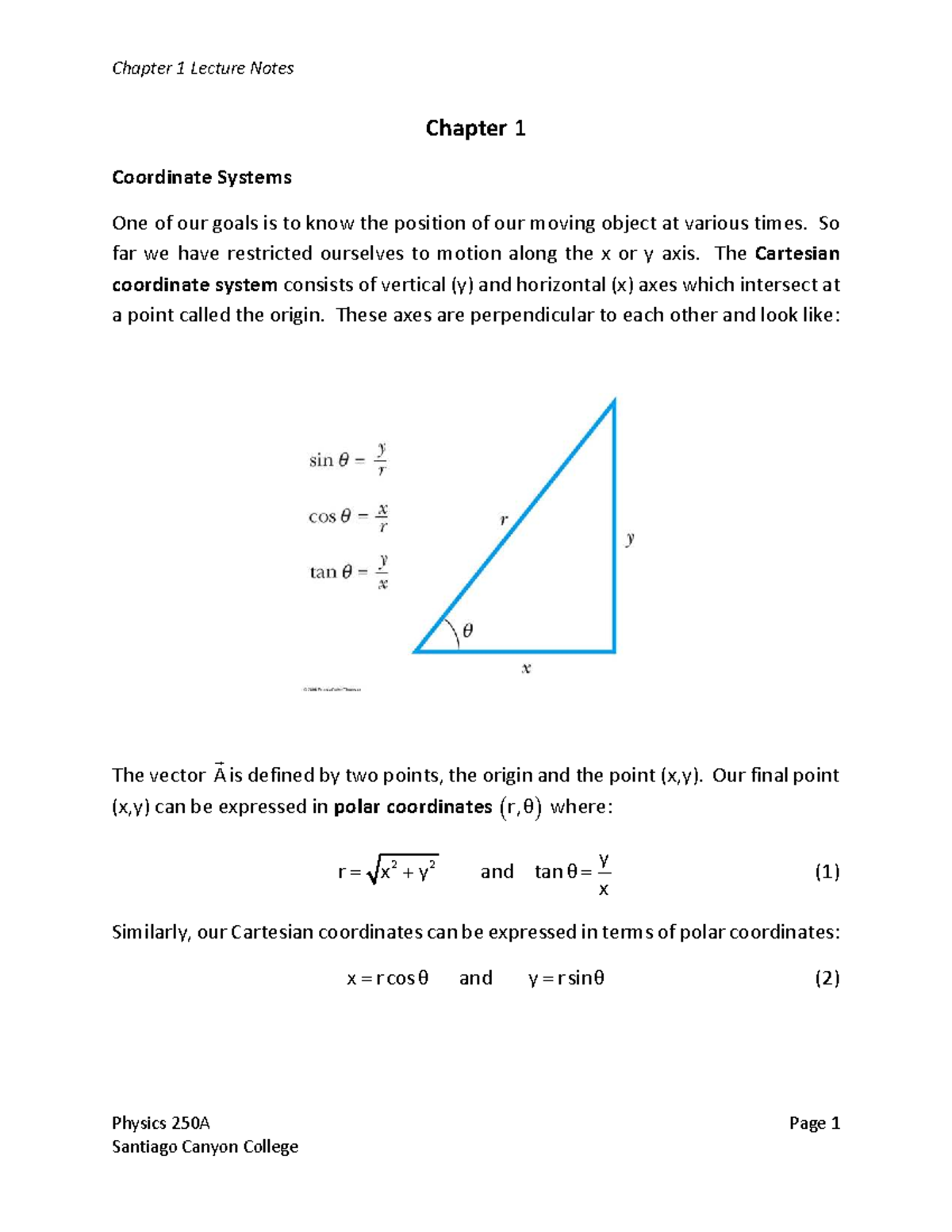 Physics 250A Chapter 1 Lecture Notes: Coordinate Systems & Vectors ...