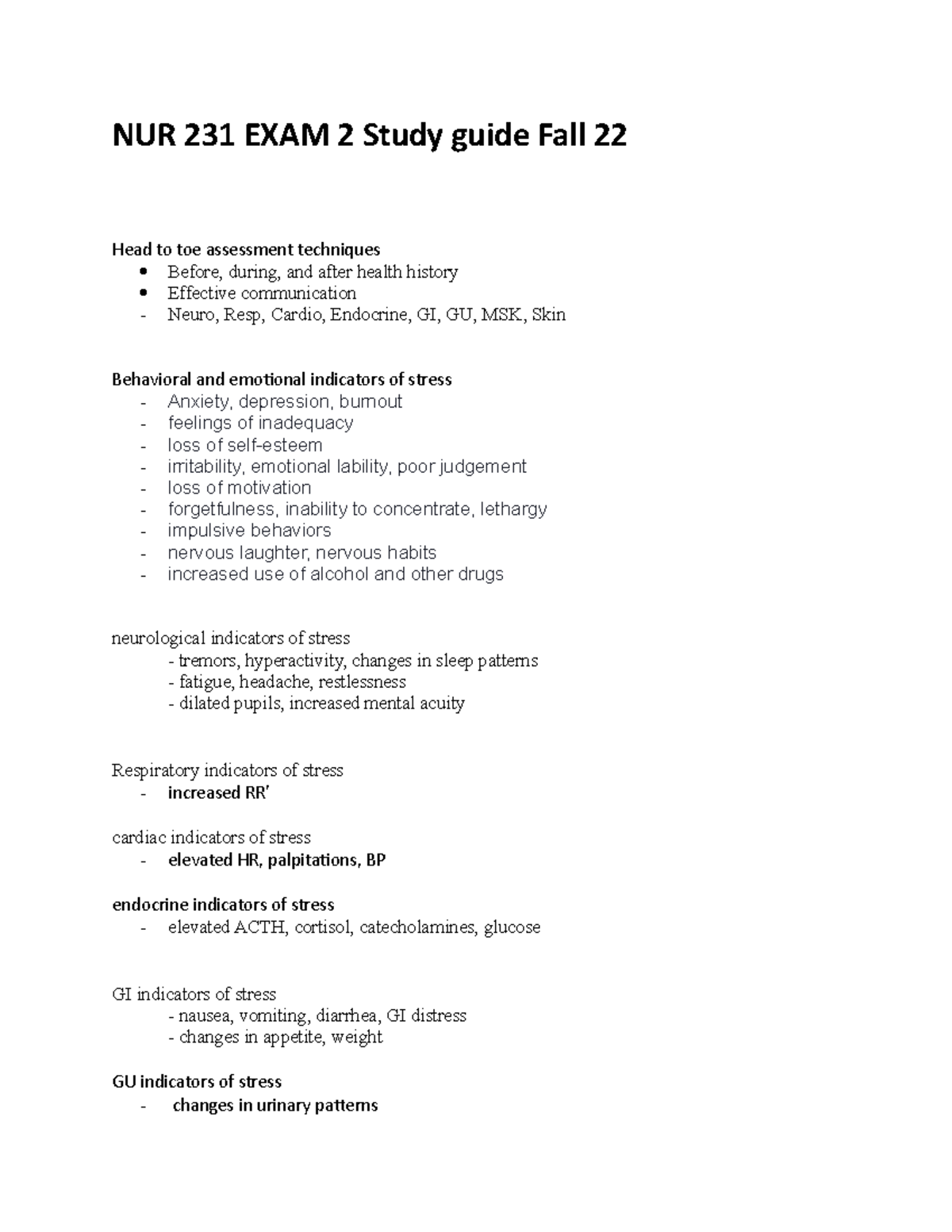 NUR 231 EXAM 2 Study guide Fall 22 - NUR 231 EXAM 2 Study guide Fall 22 ...