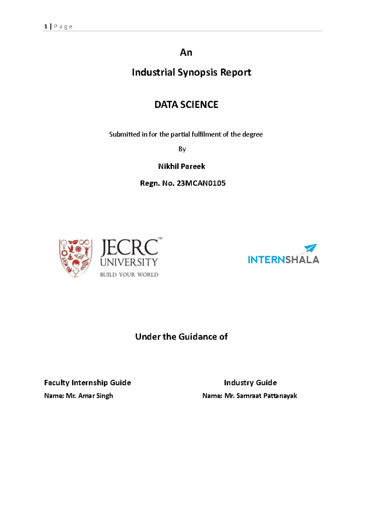 Internship Synopsis Report for Data Science [101] - Studocu