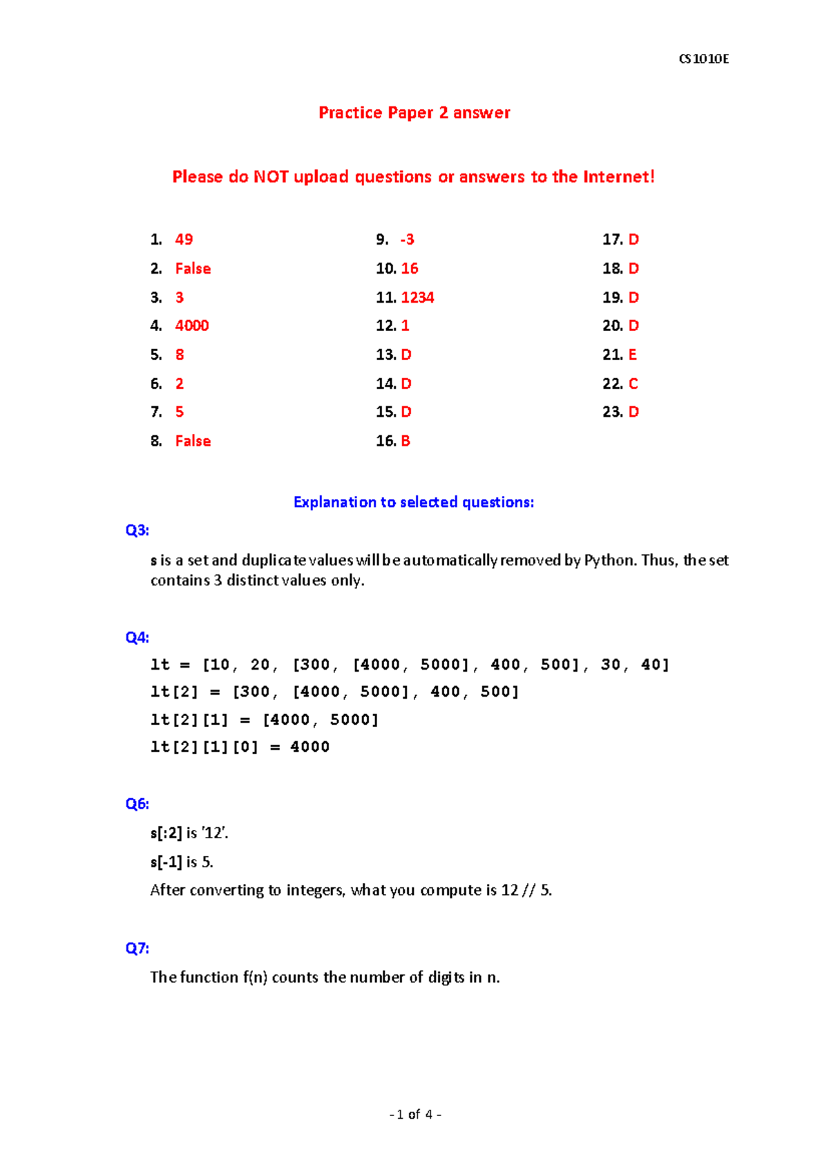 CS1010E Practice Paper 2 Answers and Explanations - Studocu