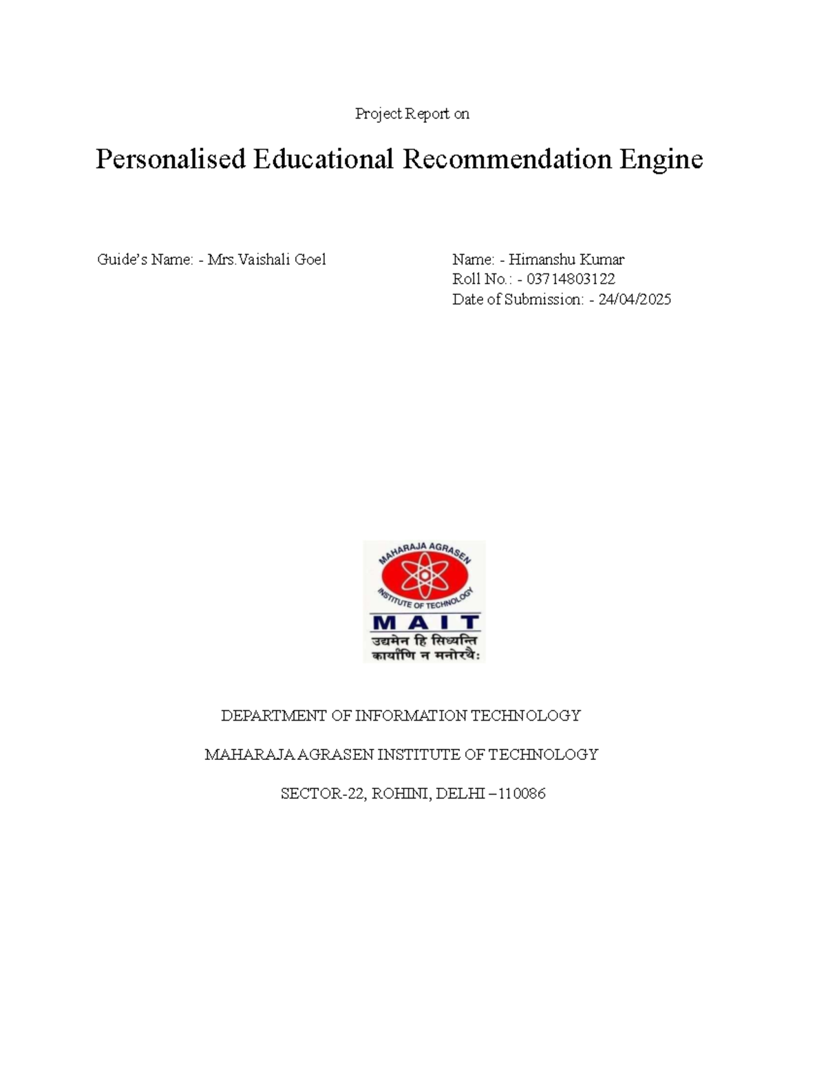 Project Report: Personalized Educational Recommendation Engine (IT-101 ...