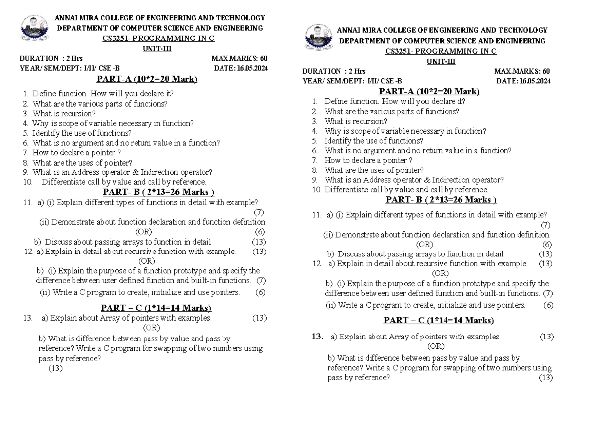 CSE Programming in C: Unit 3 Important Questions for Exam - Studocu