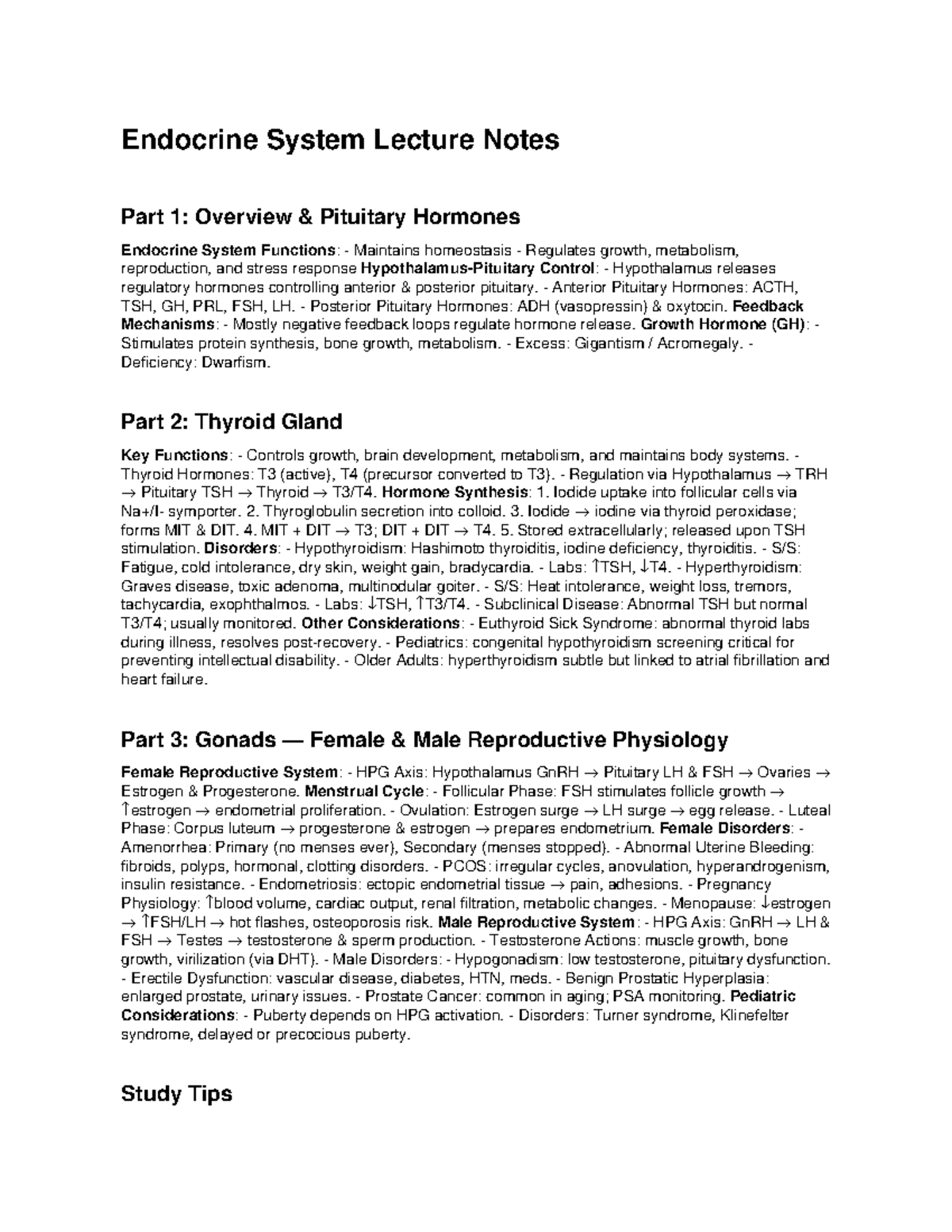 Endocrine System Lecture Notes Part 1 3 Hormones Functions Studocu