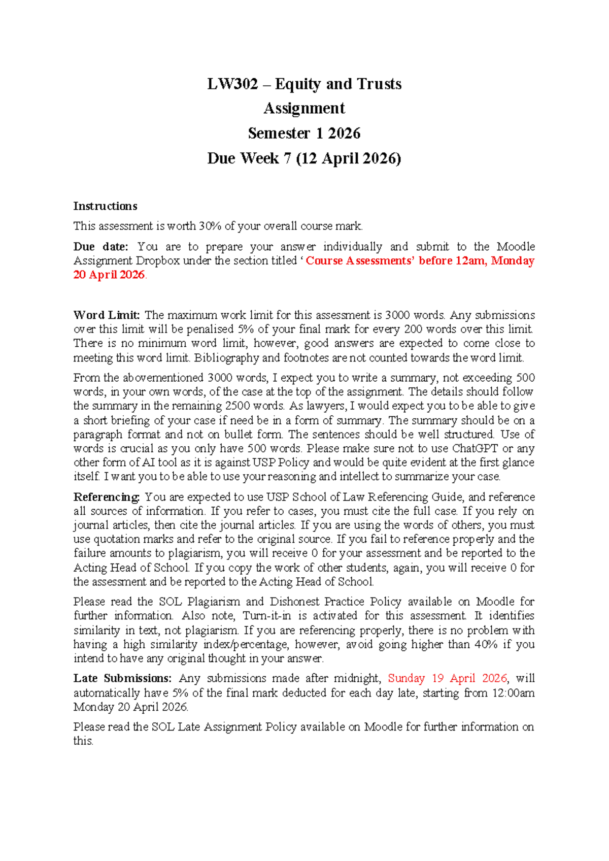 LW302 Equity and Trusts Assignment: Case Note Analysis Due 19 April ...
