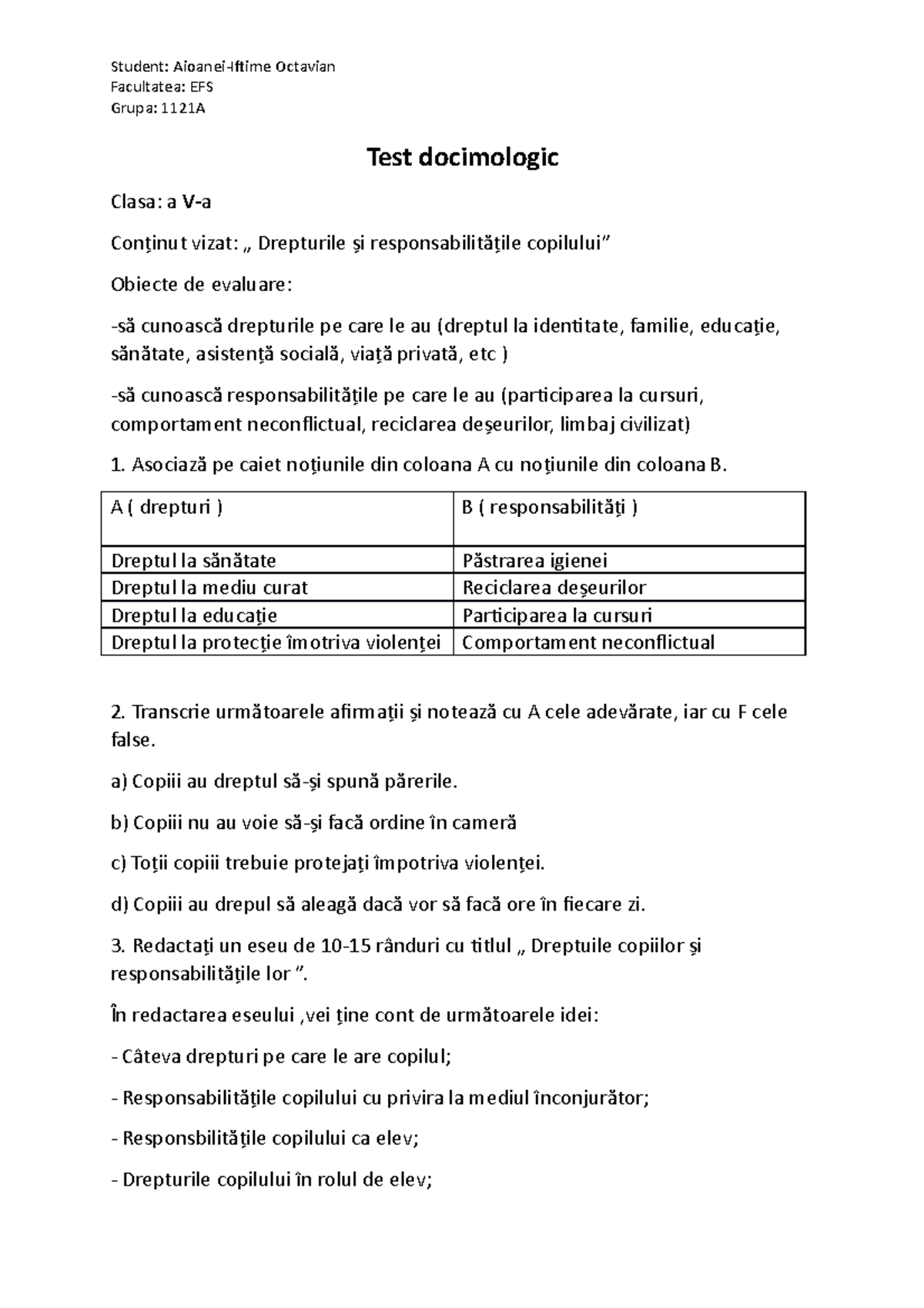 Test Docimologic - Drepturile și Responsabilitățile Copilului - Clasa a ...