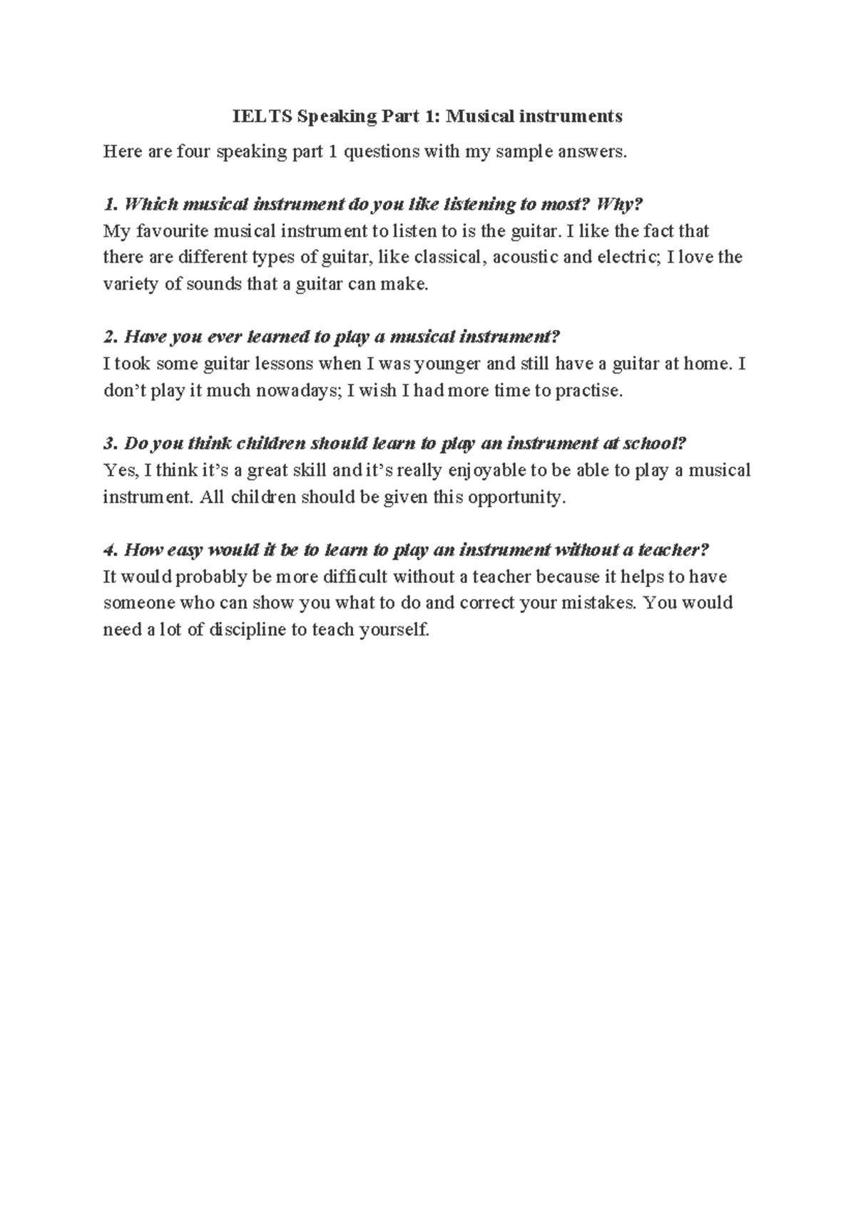IELTS Speaking Part 1: Musical Instruments Sample Answers - Studocu
