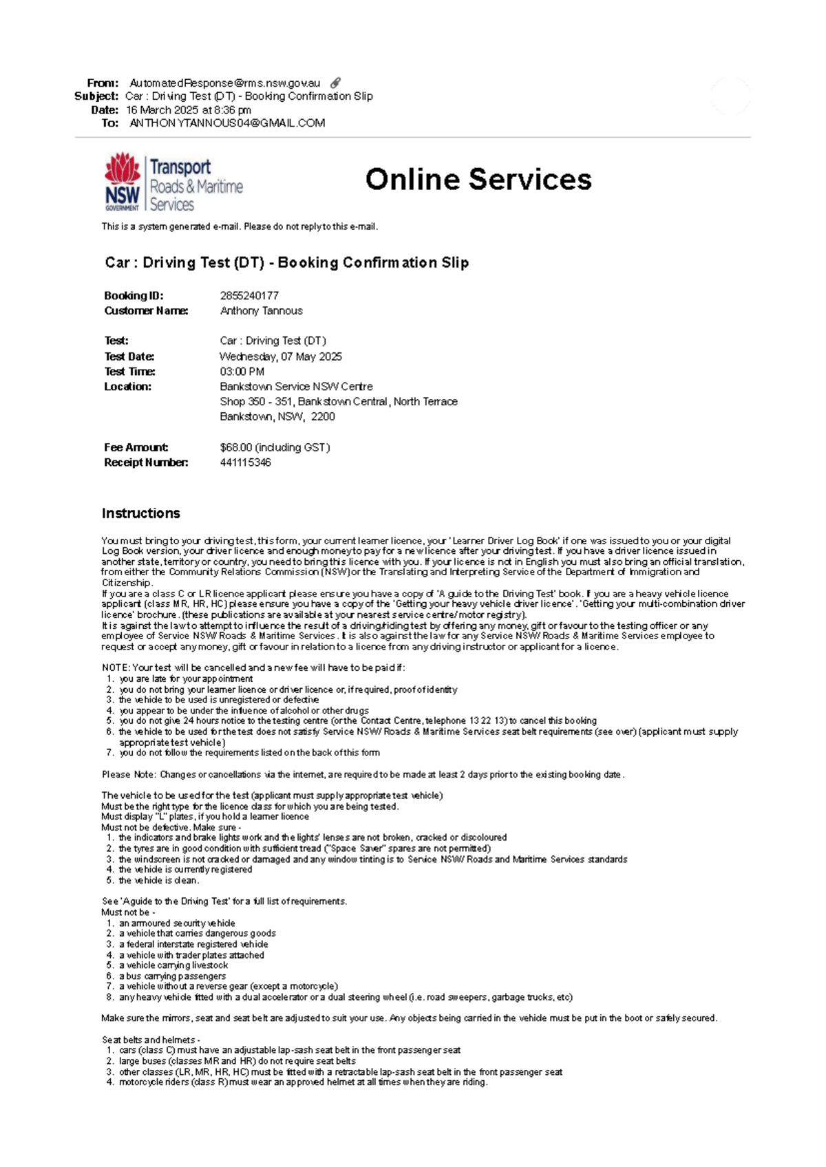 Car Driving Test (DT) Booking Confirmation - 07 May 2025 - Studocu