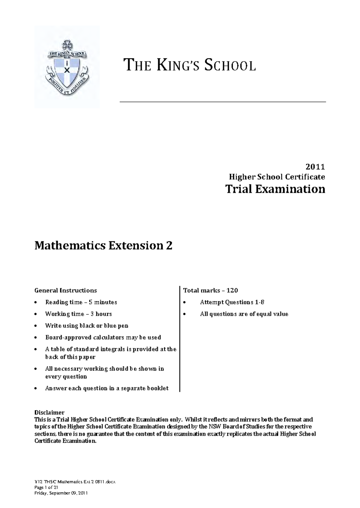 Y12 THSC Mathematics Ext 2 Trial Exam 2011 - Questions & Solutions ...