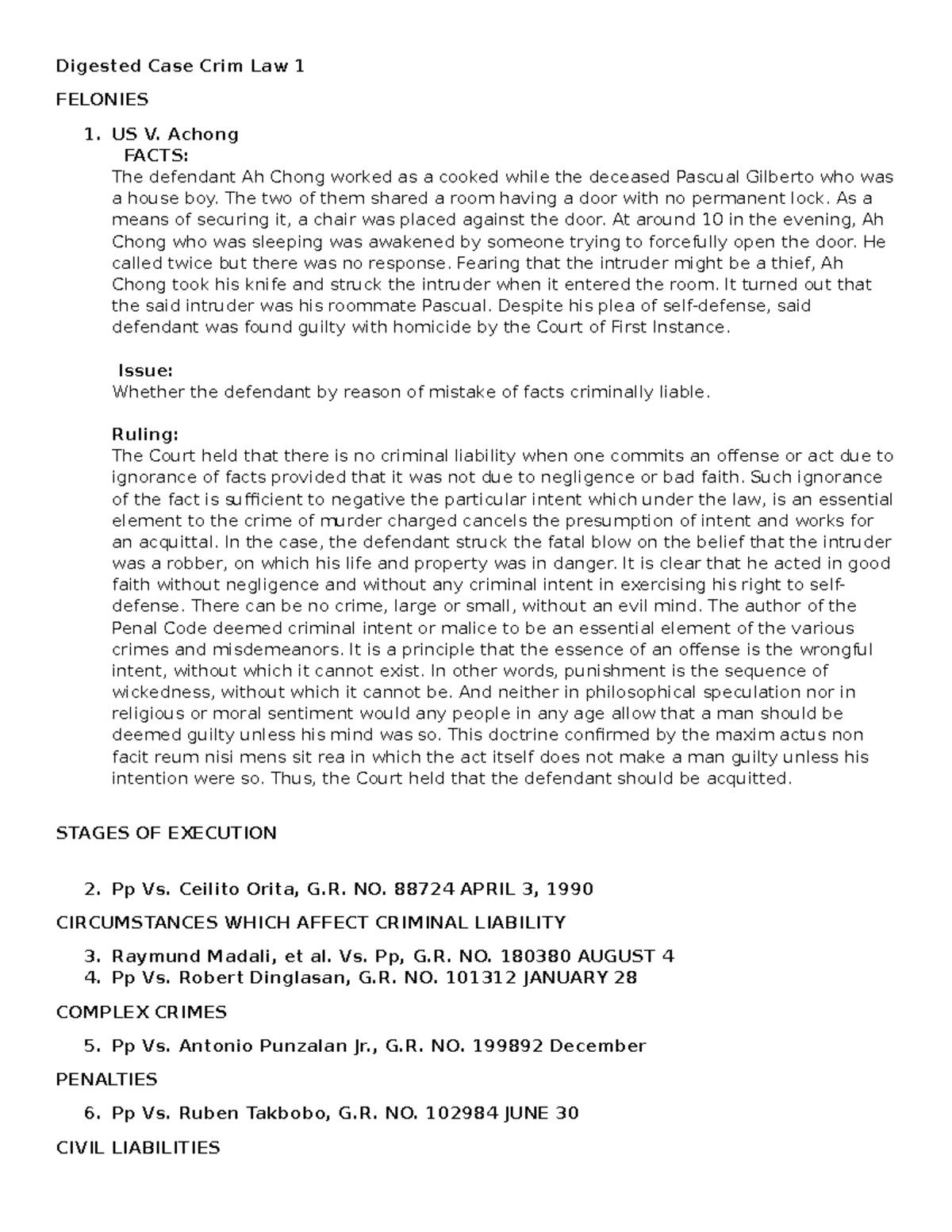 Digested Case Notes for Criminal Law 1: Felonies & Liability Analysis ...