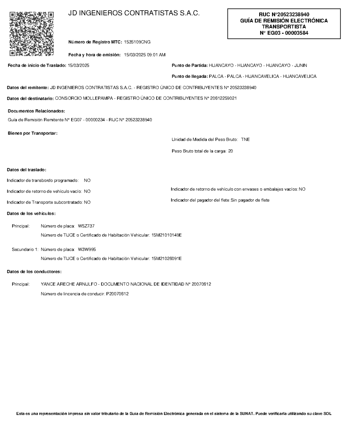 Guía de Remisión Electrónica N° EG03 - 00003584 - RUC 20523238940 - Document Preview