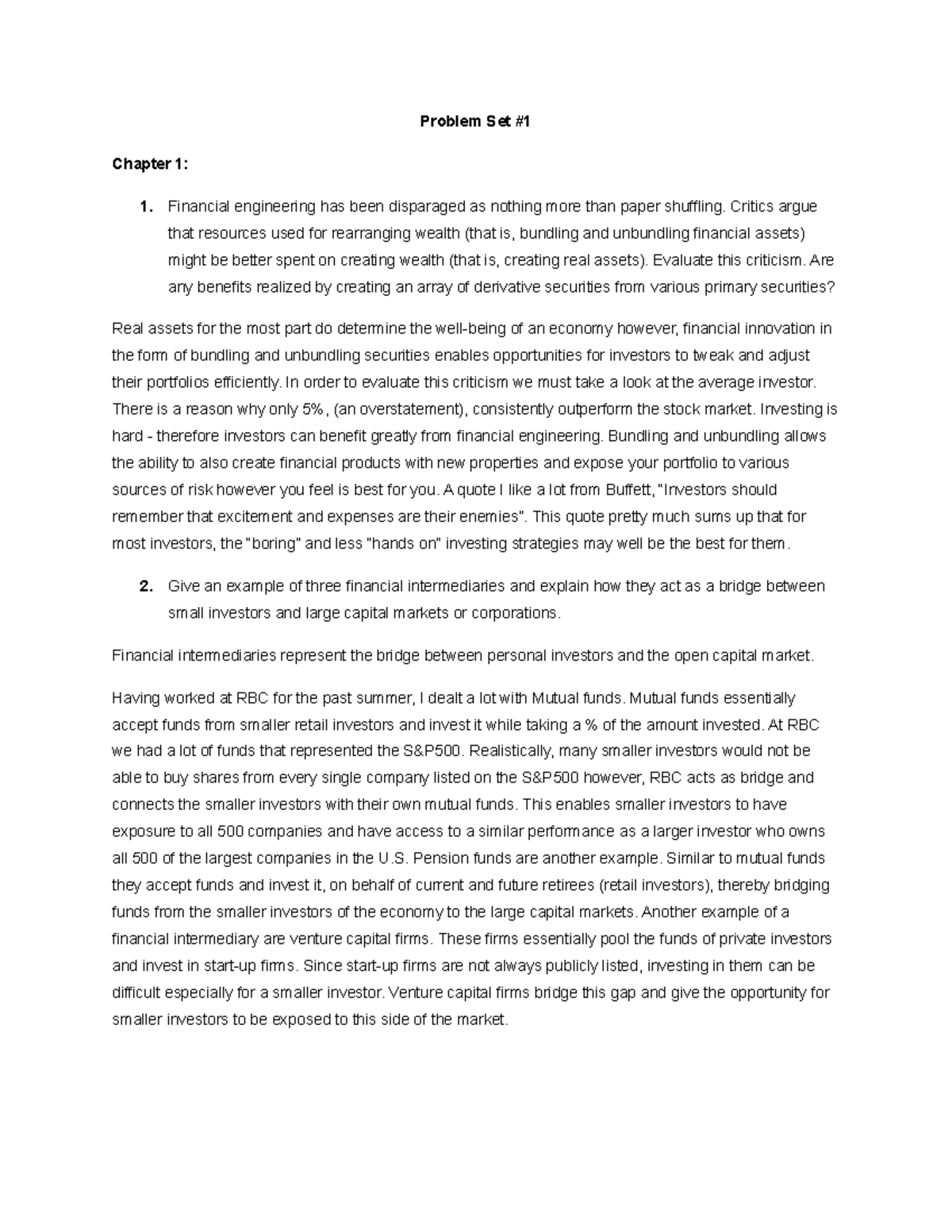 Financial Engineering Problem Set #1 - Concepts & Applications - Studocu