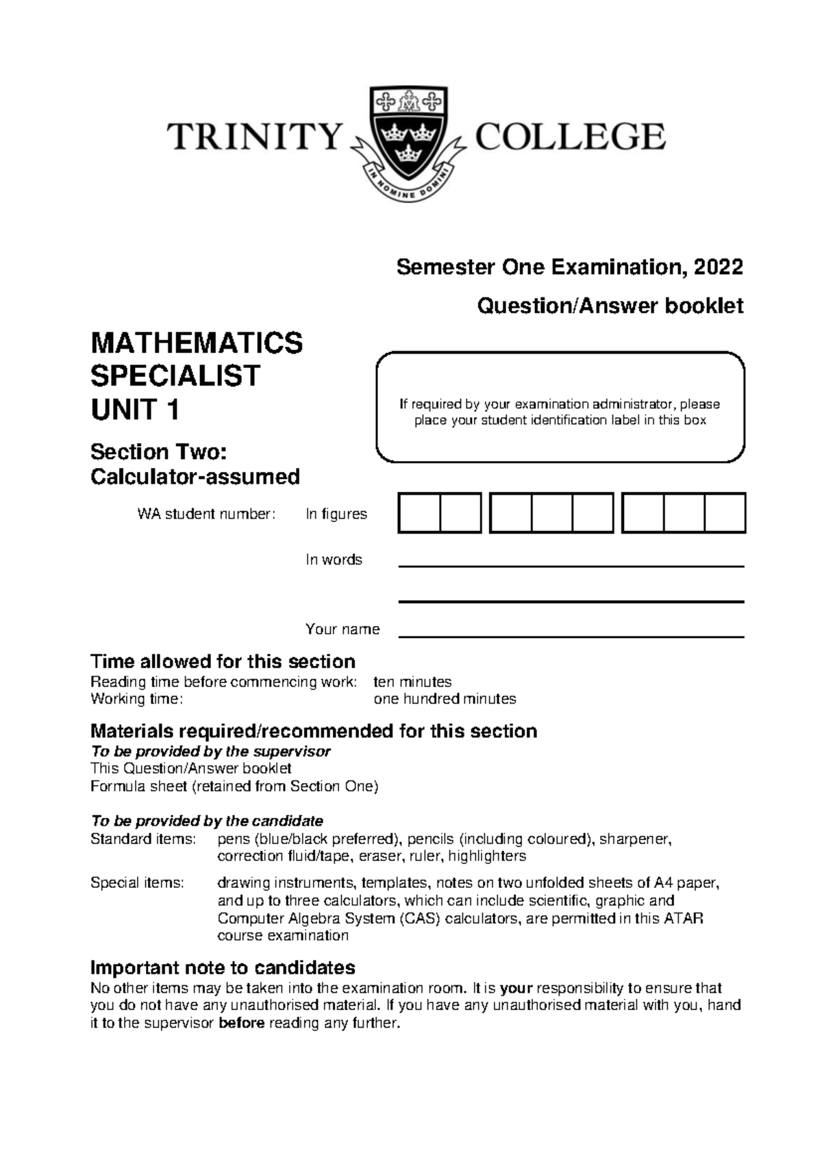 2022 Yr11 Mathematics Specialist Unit 1 Semester One Exam Booklet - Studocu