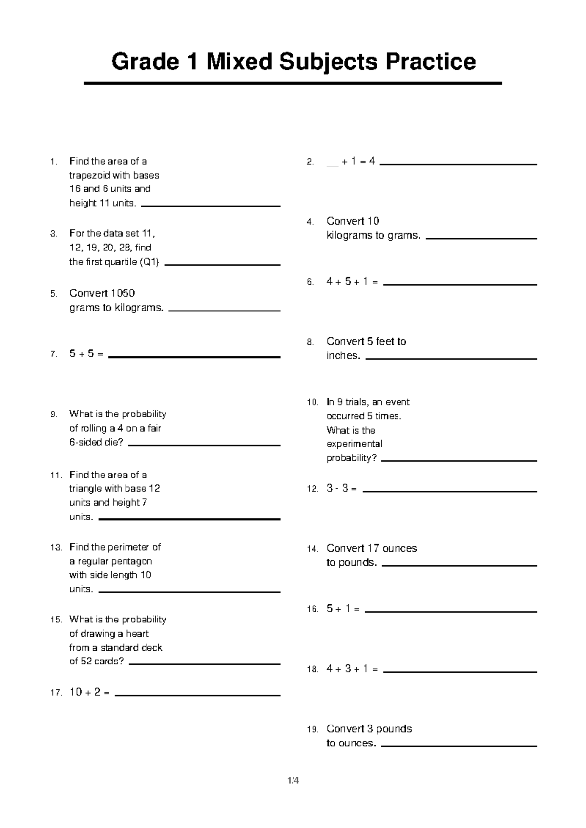 Grade 1 Mixed Subjects Practice 4: Math Problems & Solutions - Studocu