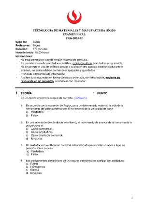 Examen Final de Planeamiento y Control de Operaciones IN322 - Studocu