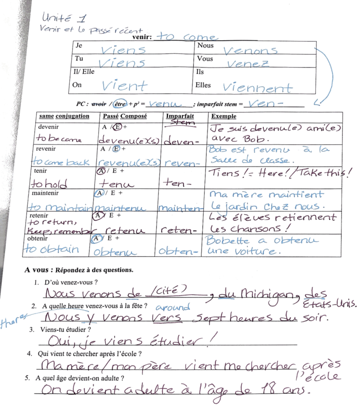 "Unité 1: Venir et Passé Composé - Conjugaison et Exemples" - Studocu