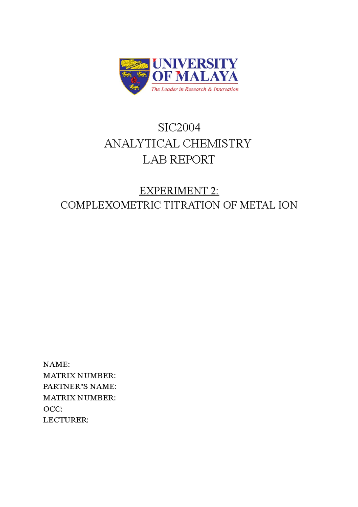 CC EXP 2 SIC2004 - Complexometric Titration Lab Report - Studocu