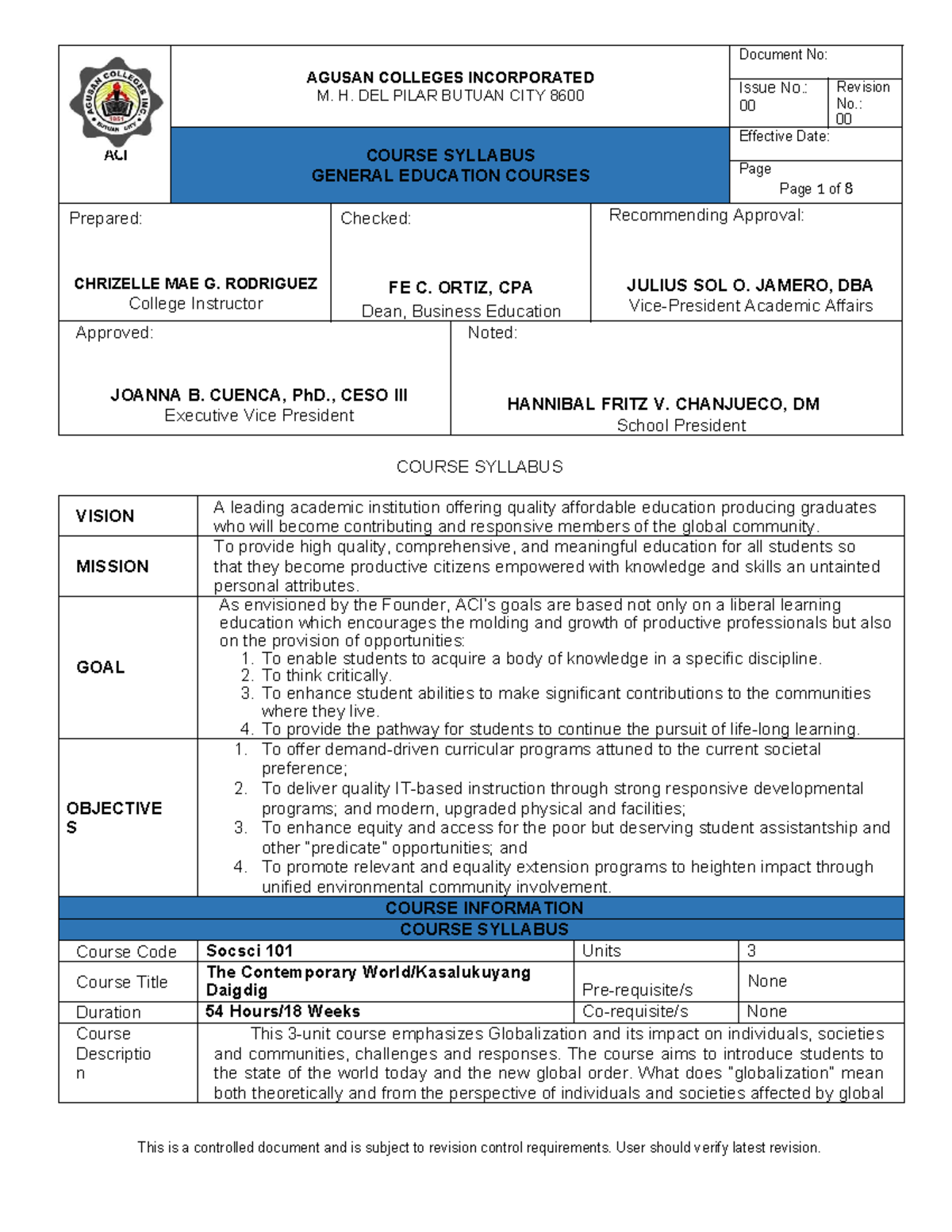 ACI Course Syllabus: Socsci 101 - The Contemporary World - Studocu