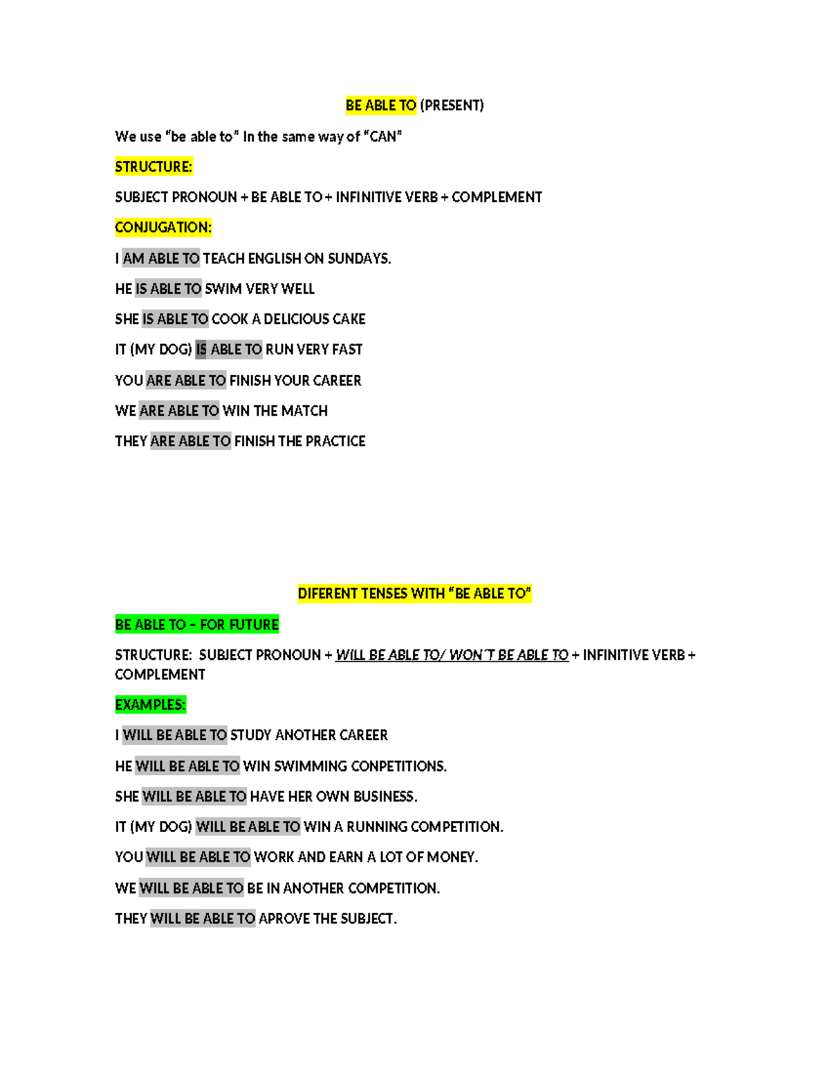 BE ABLE TO Class AND Classwork - BE ABLE TO (PRESENT) We use “be able ...